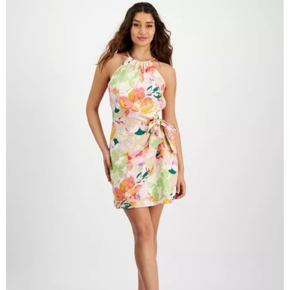 Bar III Mini Dress Womens Large Pink Alexa Floral Halter Neck Summer Cottagecore